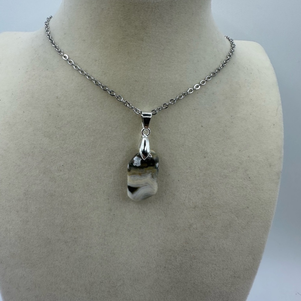 Natural Ocean Jasper Pendant Necklace on Stainless Steel Chain - Picture 3 of 9